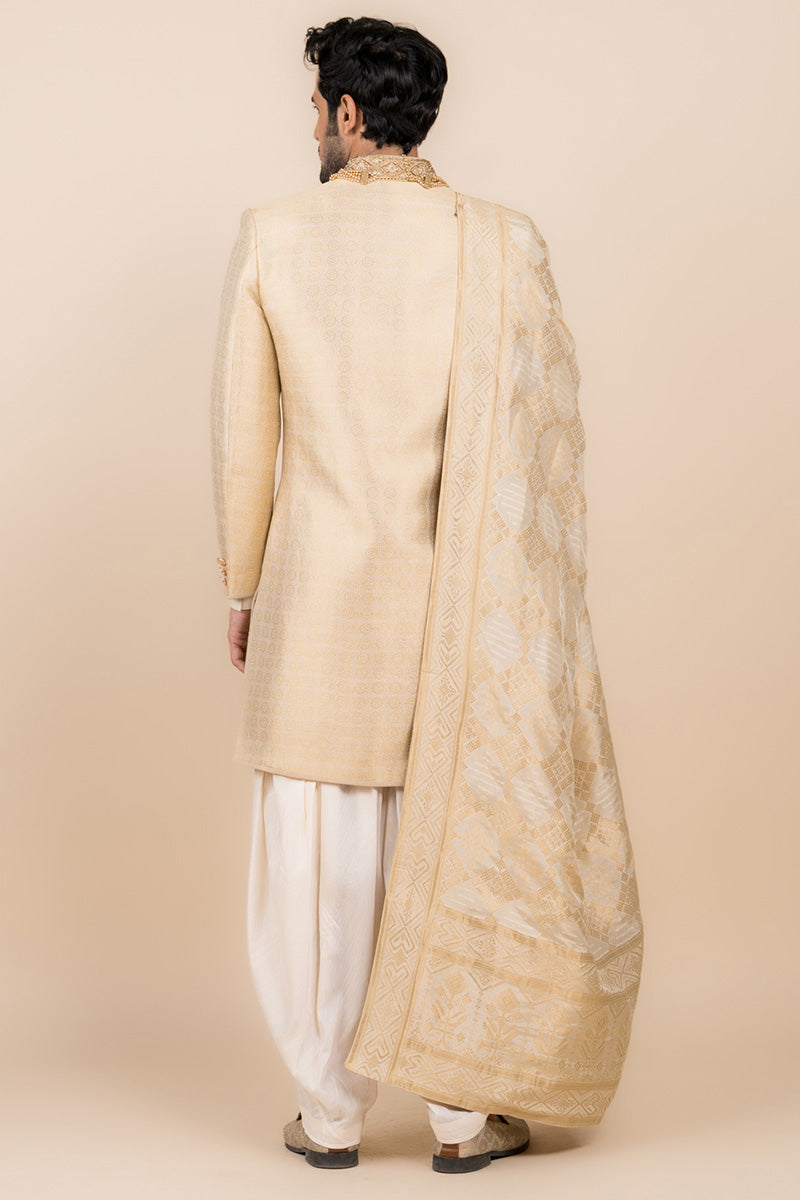 Gold Hand Embroidered Zari Jacquard Sherwani