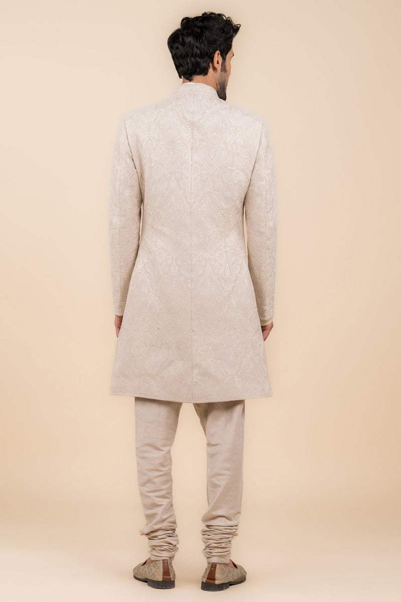 Beige Sherwani With All Over Pearls Detailing