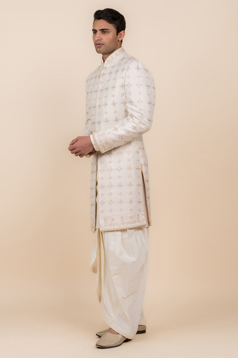 Ivory Sherwani Highlighted With Zardozi Work