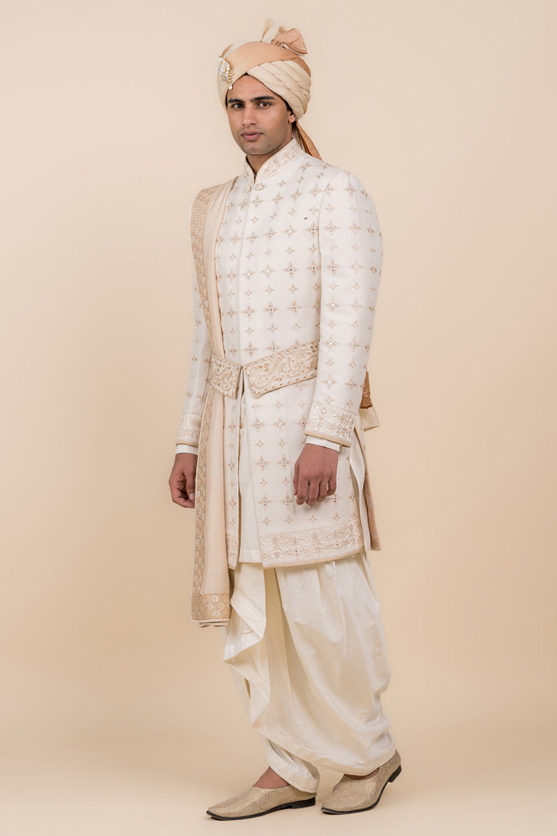 Ivory Sherwani Highlighted With Zardozi Work