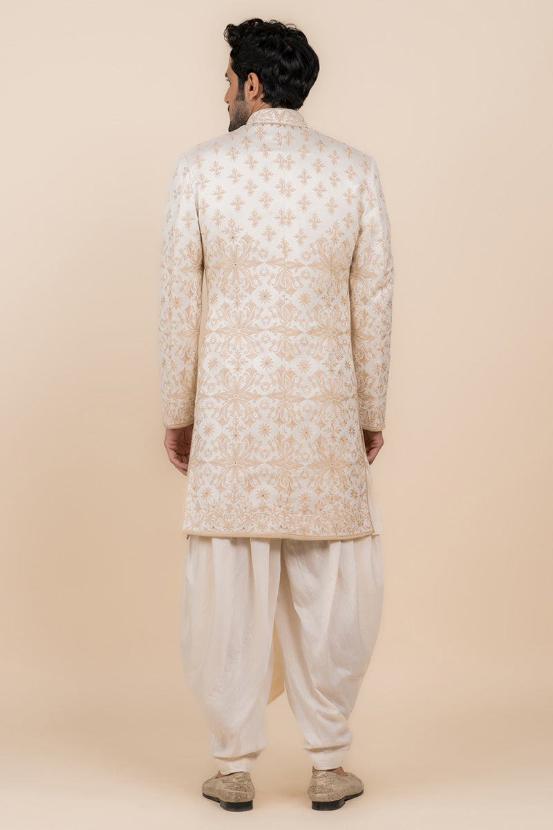 Ivory Sherwani With Resham And Zari Embroidery