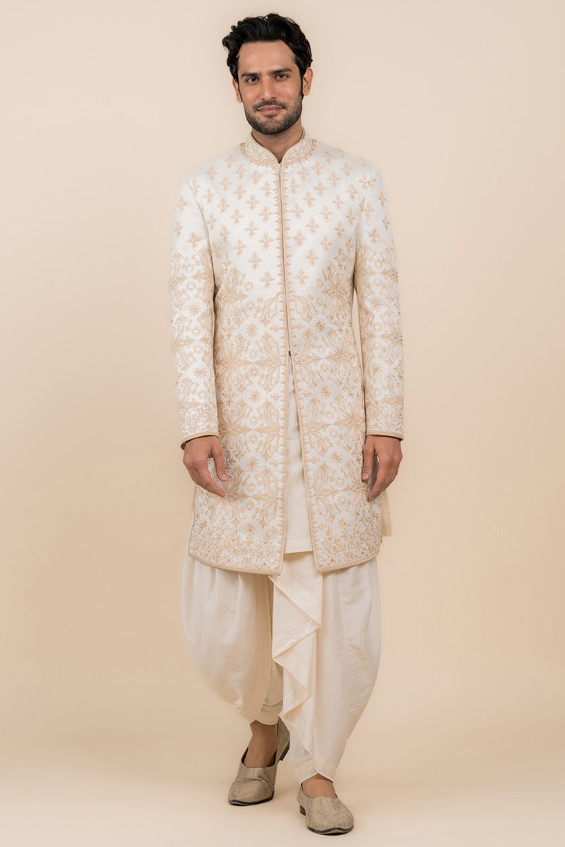 Ivory Sherwani With Resham And Zari Embroidery