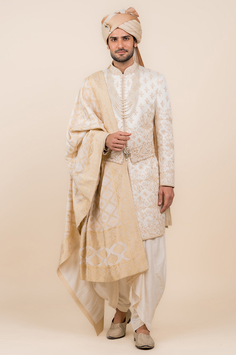 Ivory Sherwani With Resham And Zari Embroidery