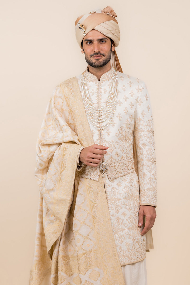 Ivory Sherwani With Resham And Zari Embroidery