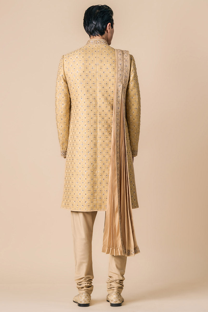 Gold Brocade Sherwani With Kundan Details