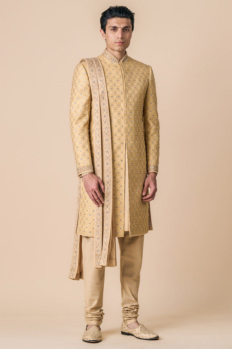 Gold Brocade Sherwani With Kundan Details