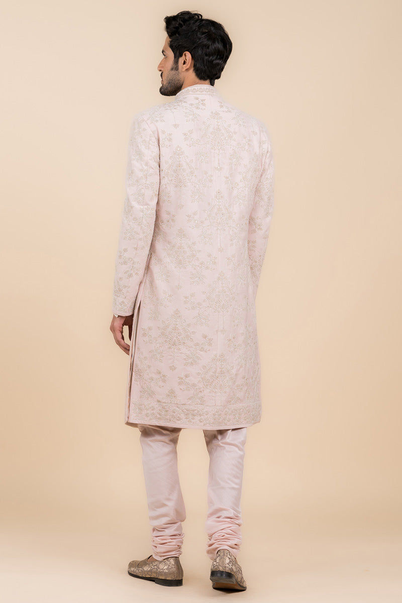 Pink Embroidered Sherwani In Pearl Highlights