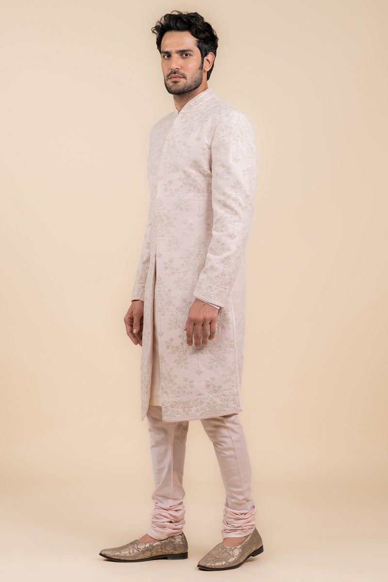 Pink Embroidered Sherwani In Pearl Highlights