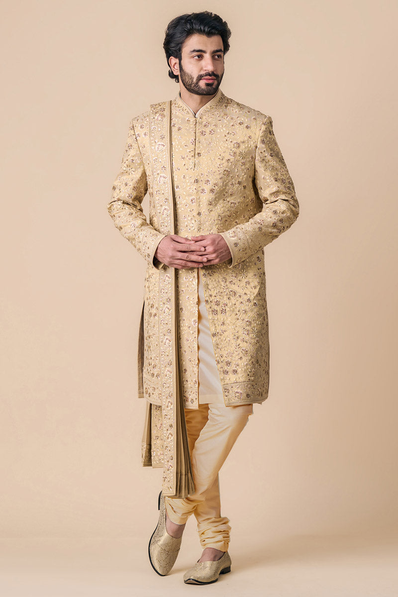 Gold All Over Embroidered Tissue Sherwani