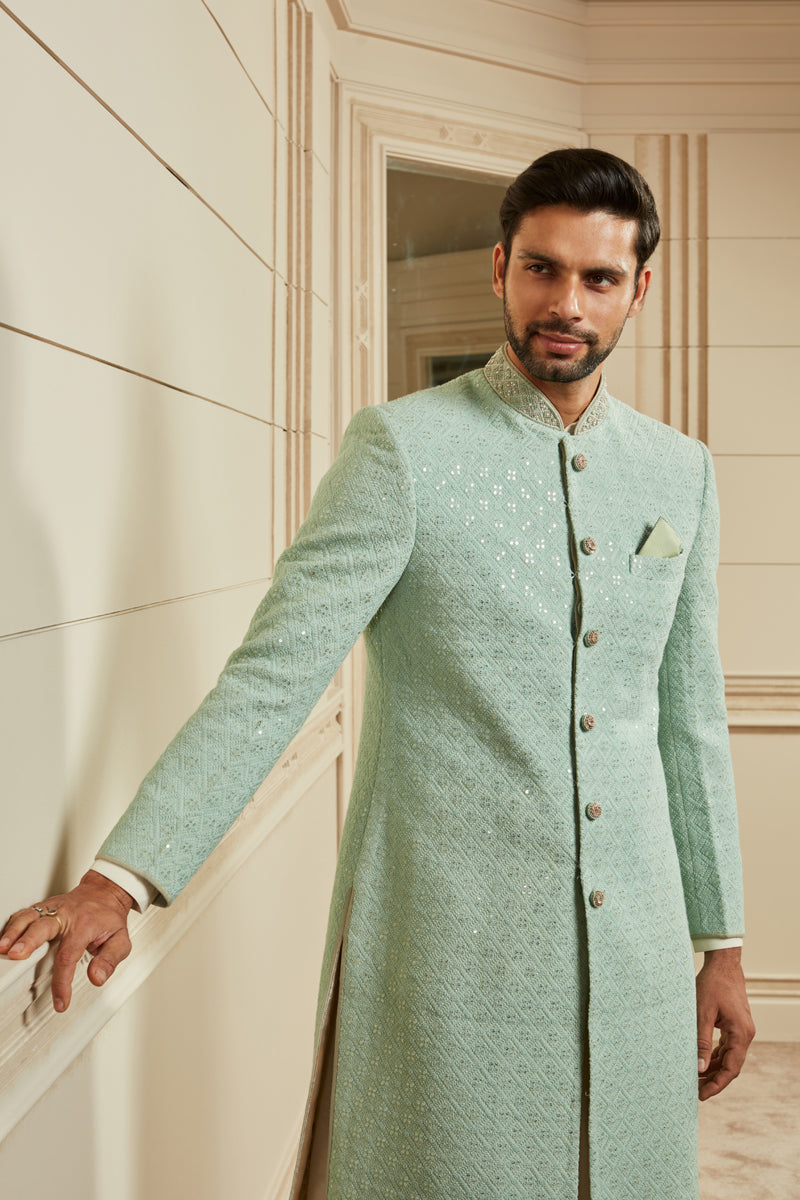 Light Green Sequined Georgette Sherwani