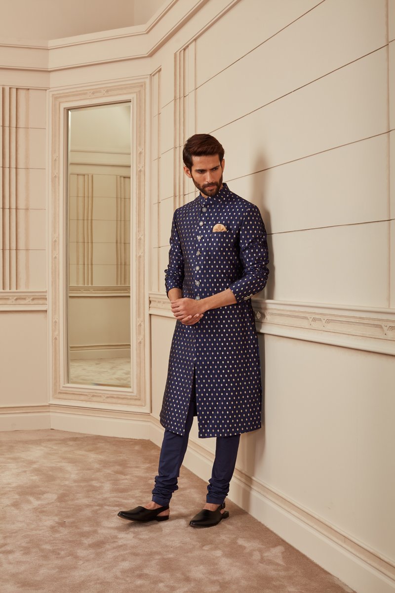 Navy Tanchoi Brocade Sherwani