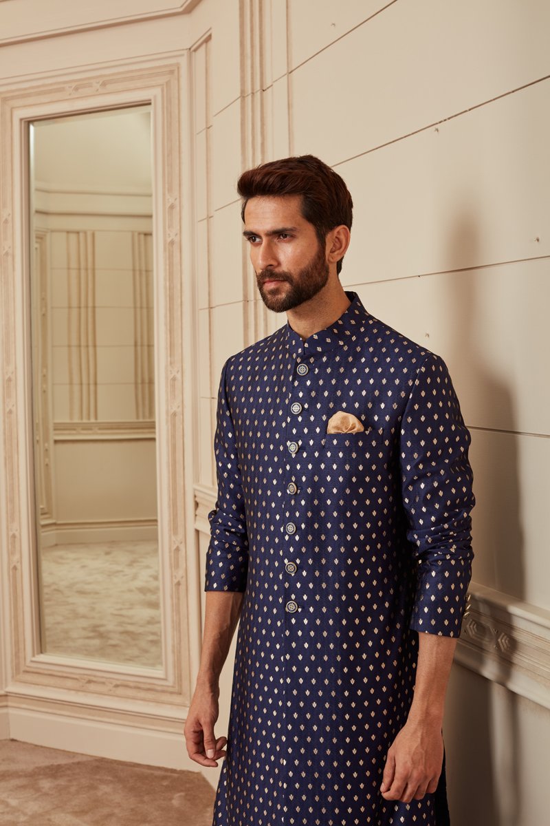 Navy Tanchoi Brocade Sherwani