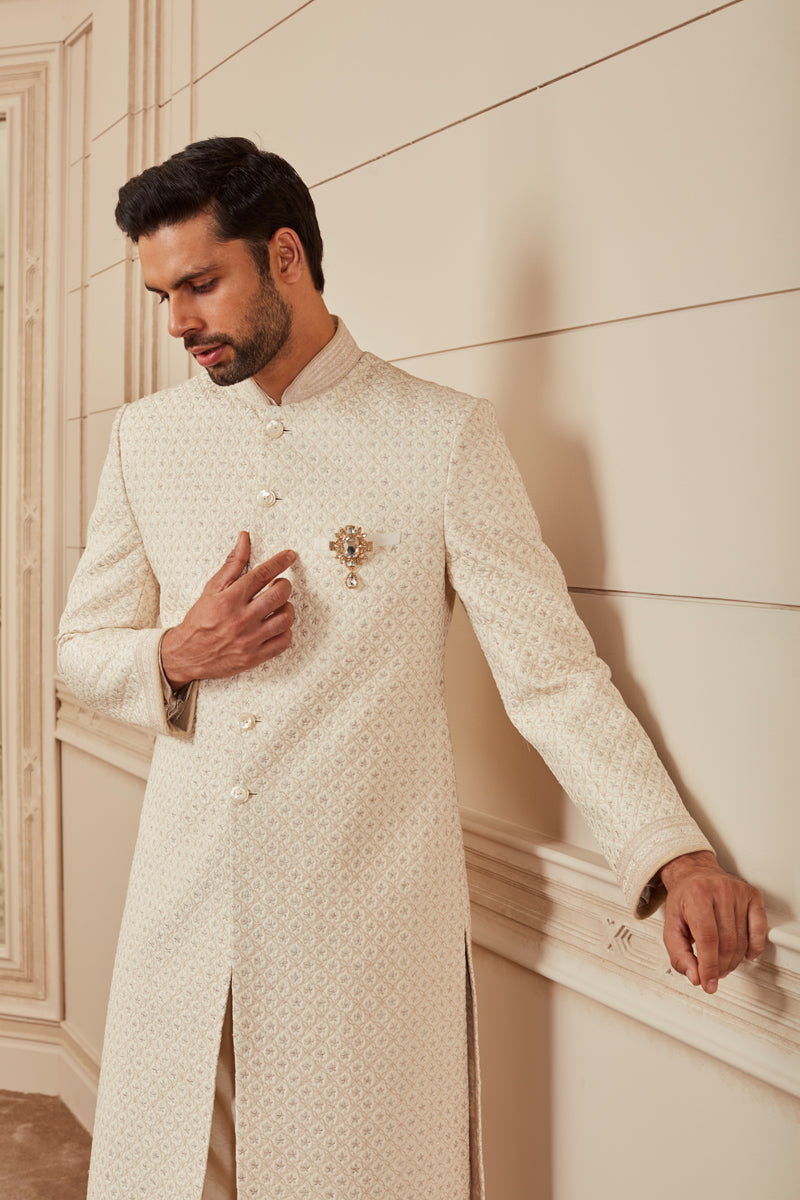 Ivory All Over Dori Embroidered Quilted Sherwani