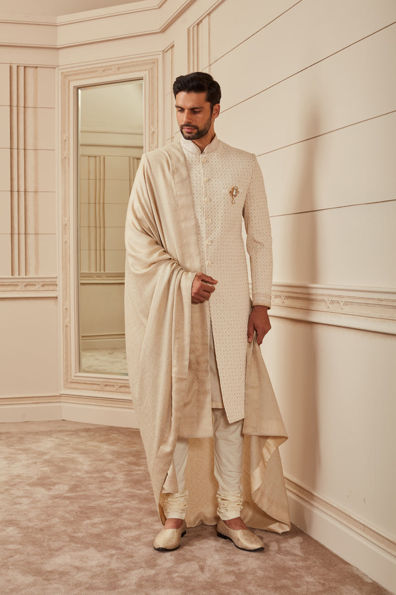 Ivory All Over Dori Embroidered Quilted Sherwani