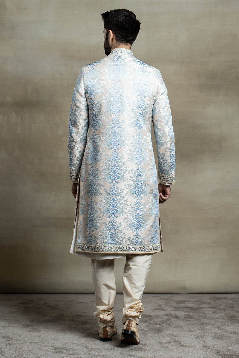 Medium Blue Raw Silk Ombre Pattern Embroidered Sherwani