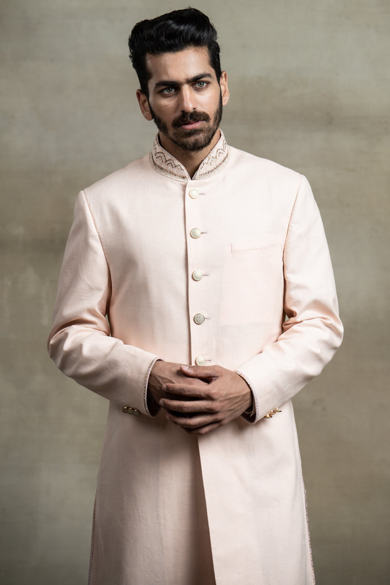 Peach Linen Sherwani With Resham And Dabka Embroidery