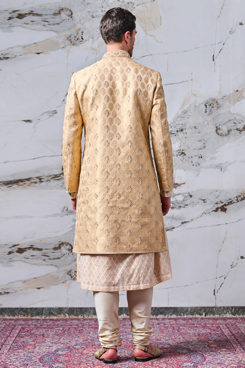 Gold Brocade Sherwani With All Over Zardozi And Dori Embroidery