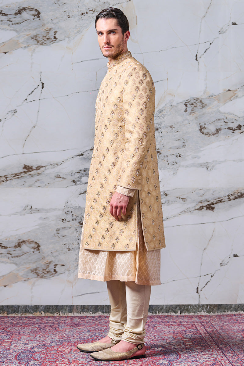 Gold Brocade Sherwani With All Over Zardozi And Dori Embroidery