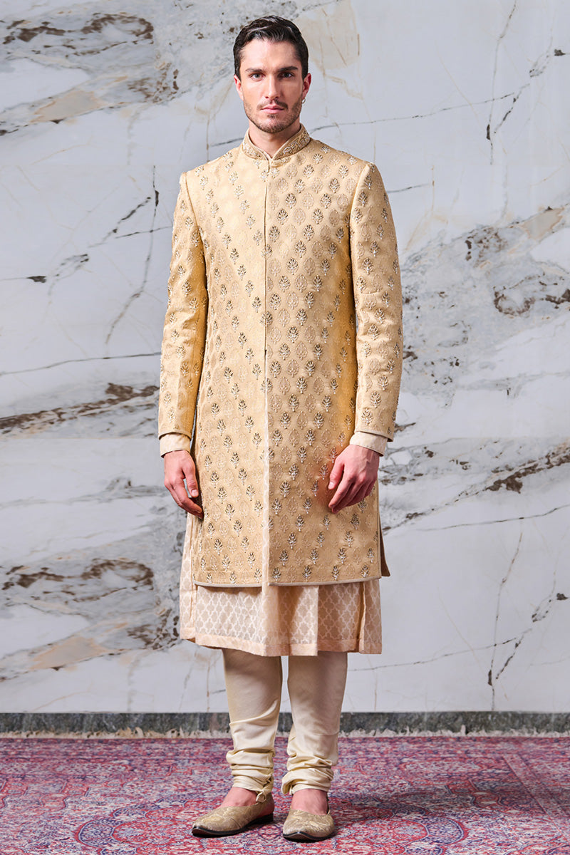 Gold Brocade Sherwani With All Over Zardozi And Dori Embroidery