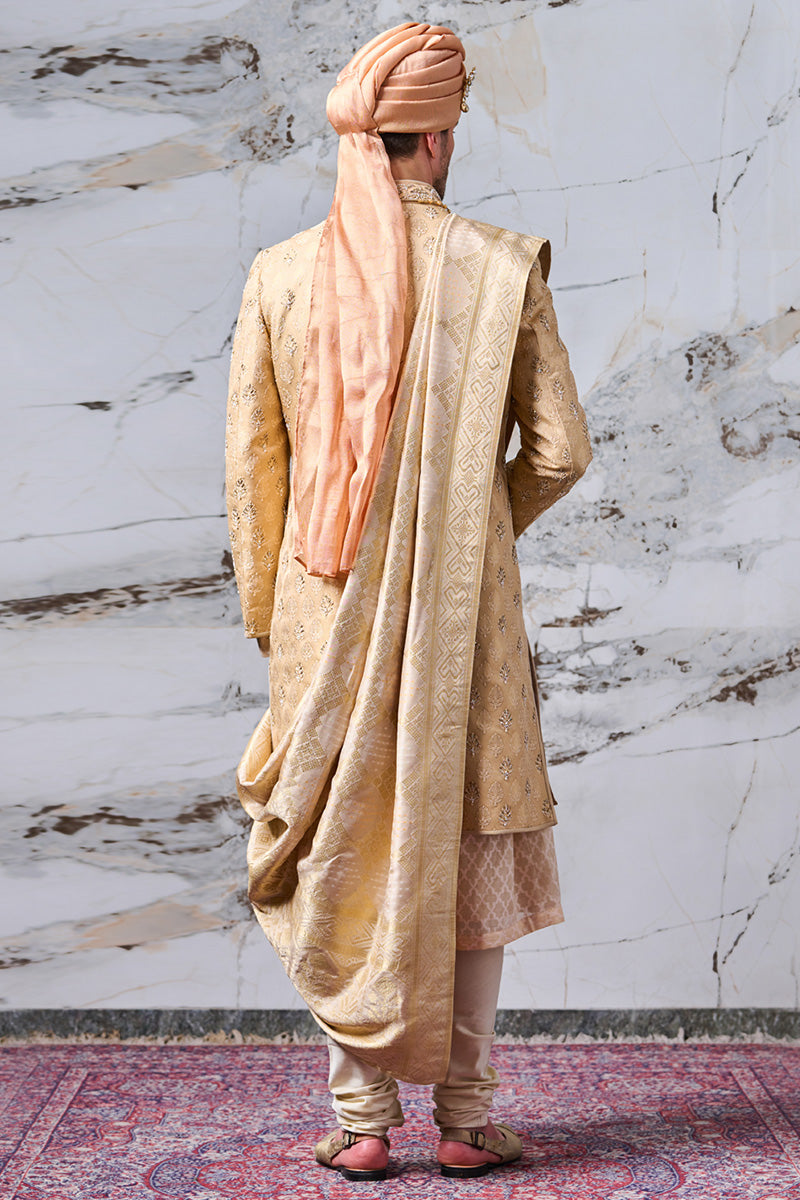 Gold Brocade Sherwani With All Over Zardozi And Dori Embroidery