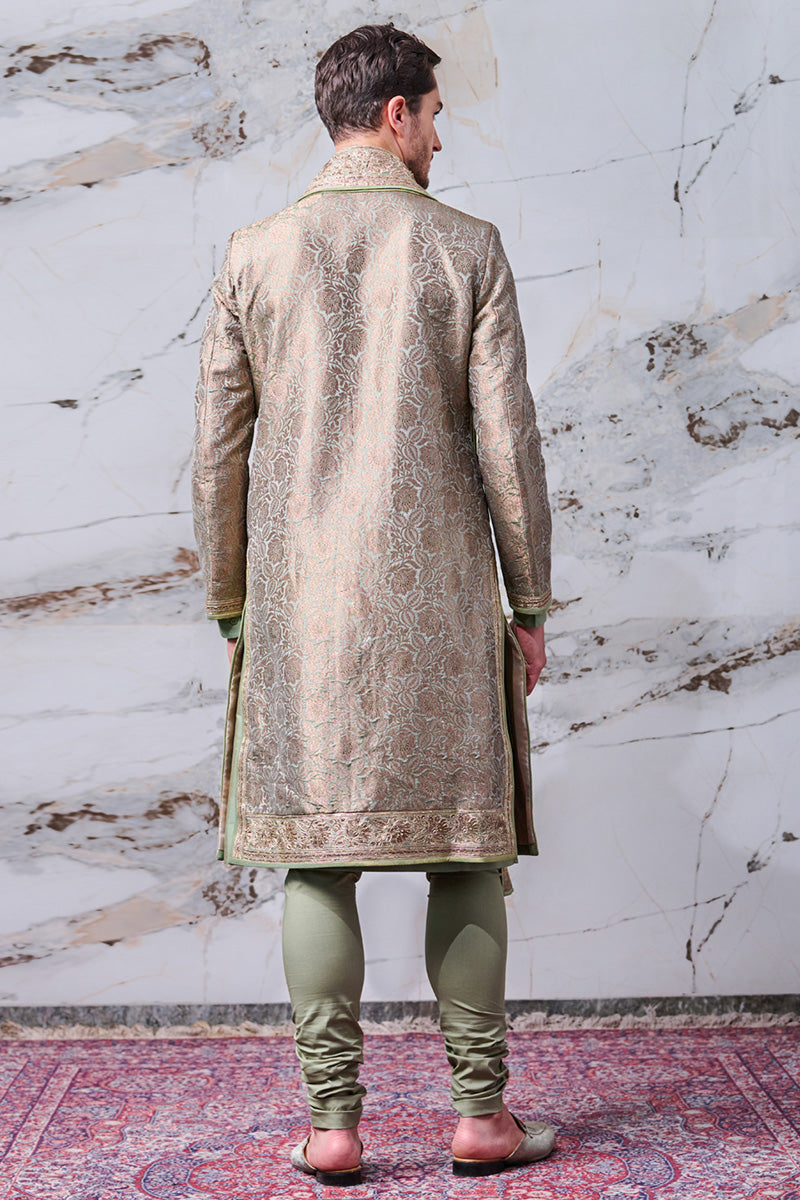 Green All Over Textured Brocade Sherwani