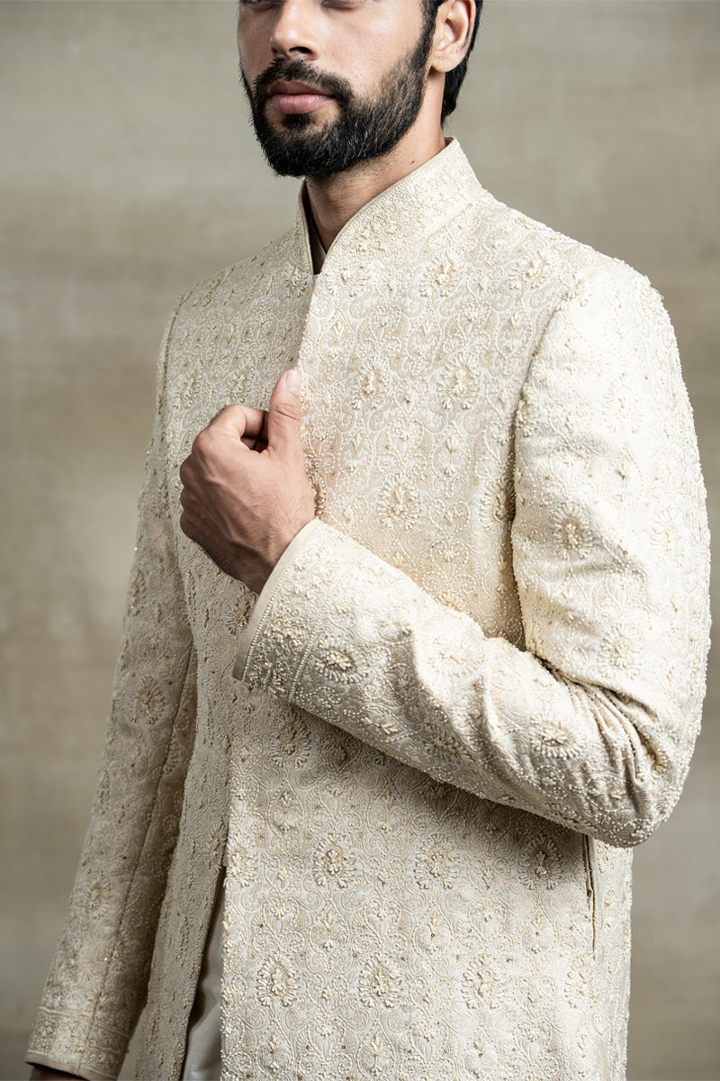 Gold Brocade Sherwani With All Over Zardozi Work