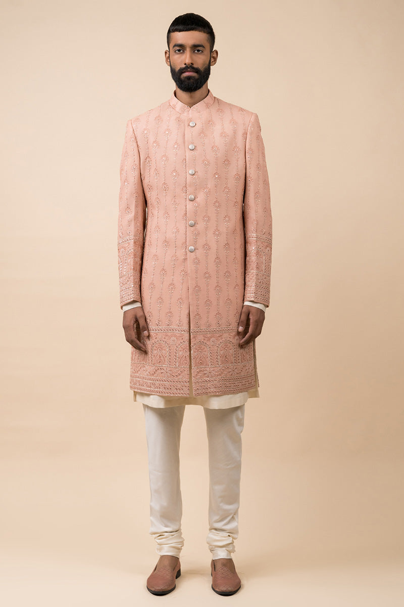 Peach All Over Embroidered Sherwani