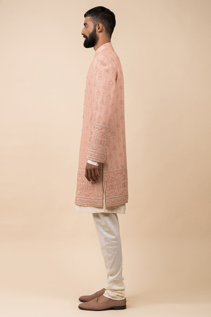 Peach All Over Embroidered Sherwani