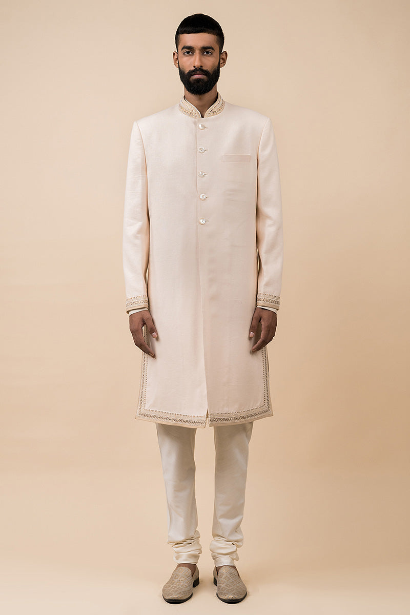 Ivory Linen Sherwani With Embroidered Borders