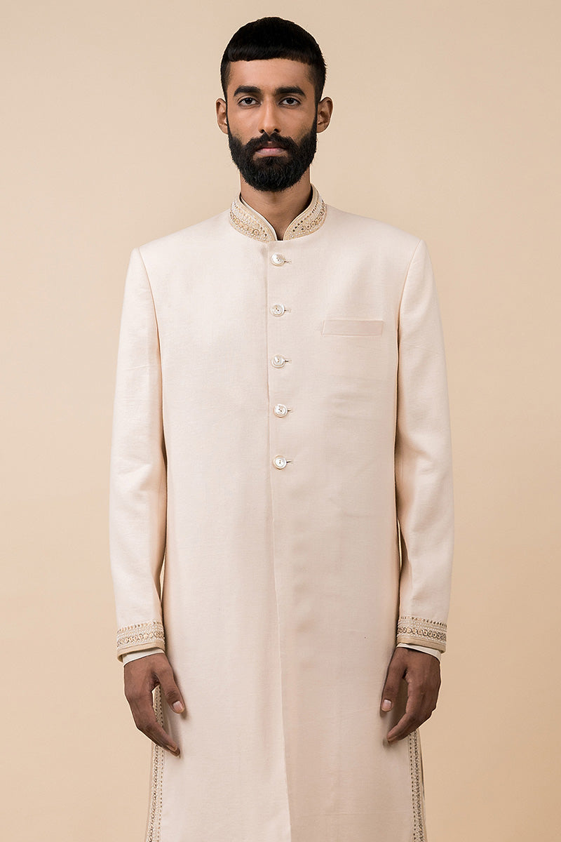 Ivory Linen Sherwani With Embroidered Borders