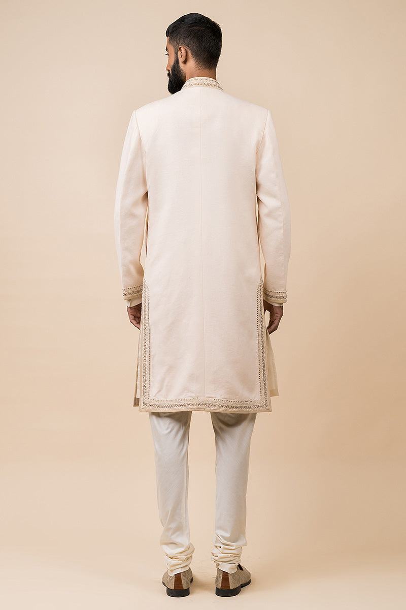 Ivory Linen Sherwani With Embroidered Borders