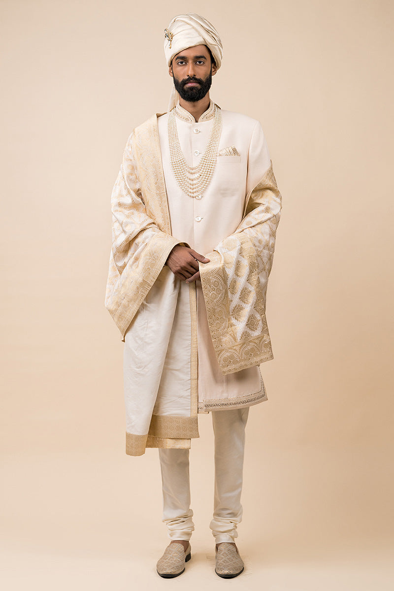 Ivory Linen Sherwani With Embroidered Borders