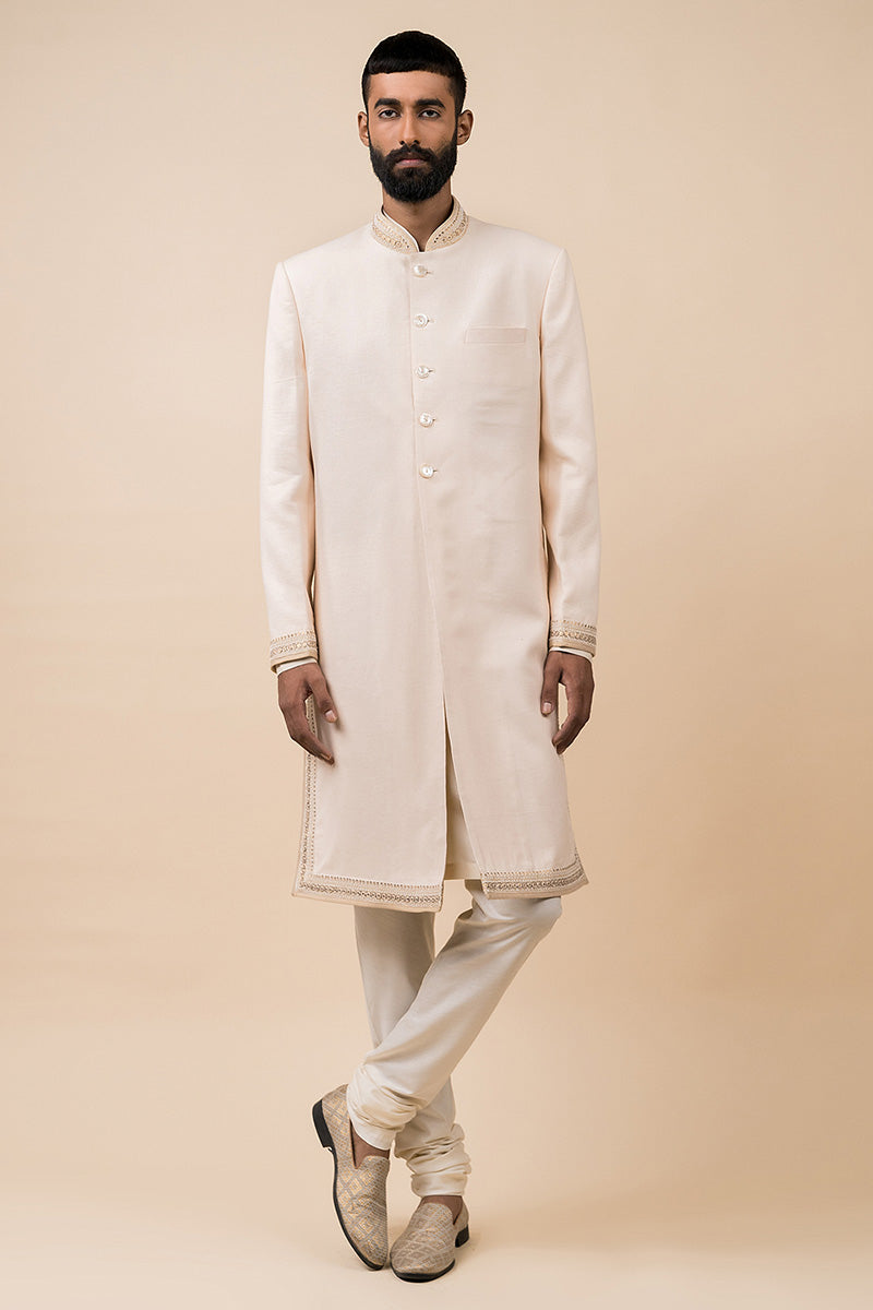 Ivory Linen Sherwani With Embroidered Borders