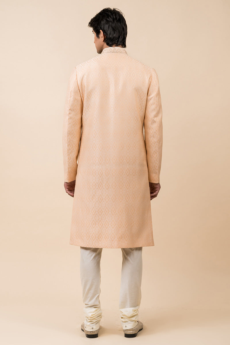 Peach Classic Sherwani With Embroidered Collar