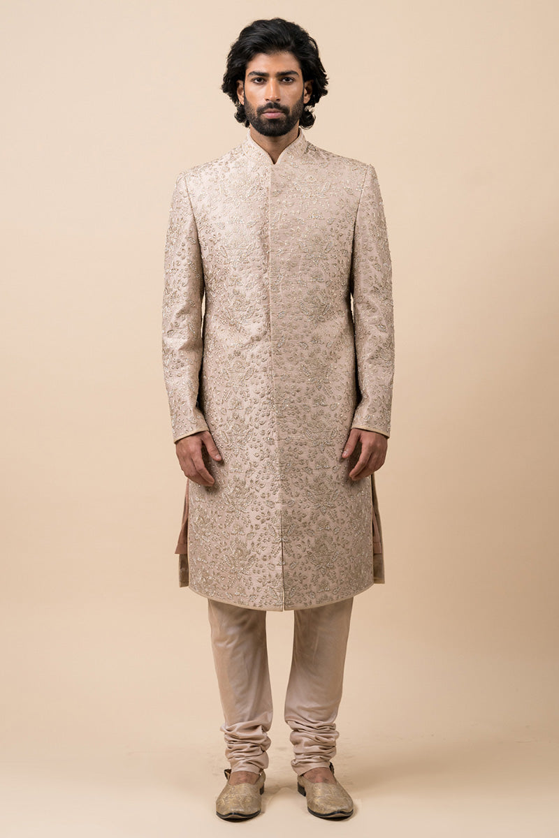 Beige Floral Embroidered Sherwani