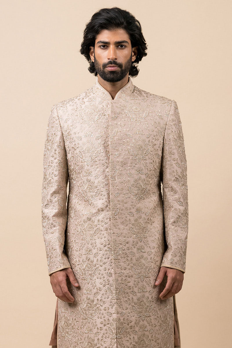 Beige Floral Embroidered Sherwani