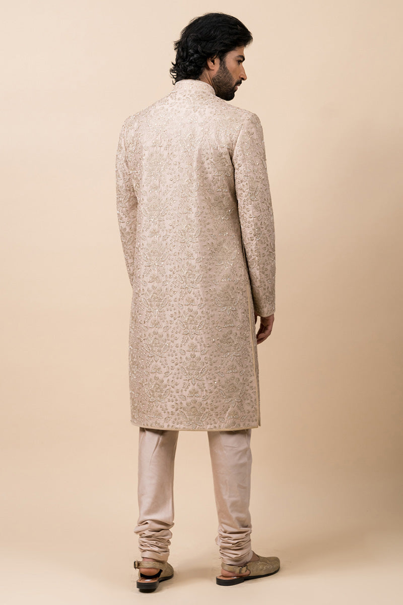 Beige Floral Embroidered Sherwani