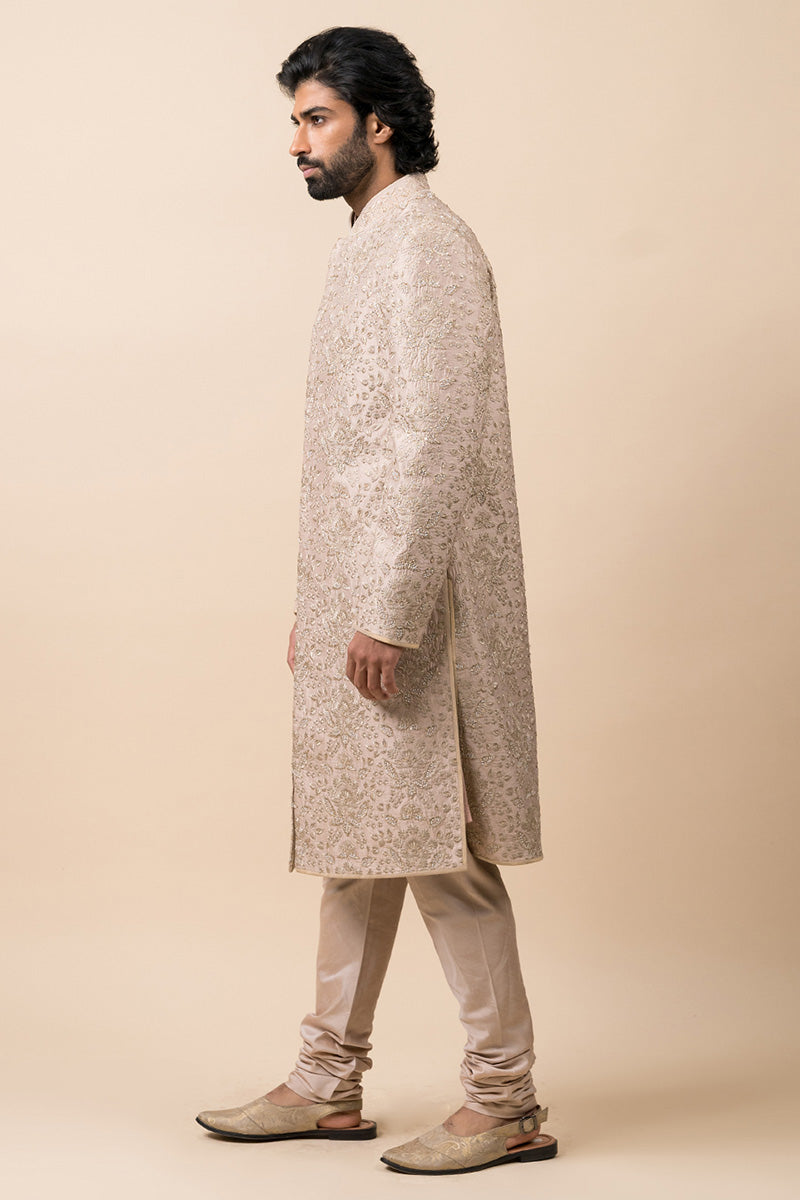 Beige Floral Embroidered Sherwani