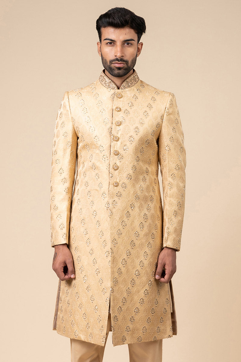 Gold All Over Embroidered Brocade Sherwani