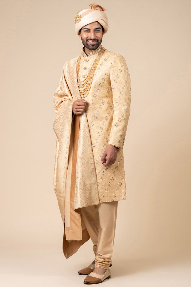 Gold All Over Embroidered Brocade Sherwani