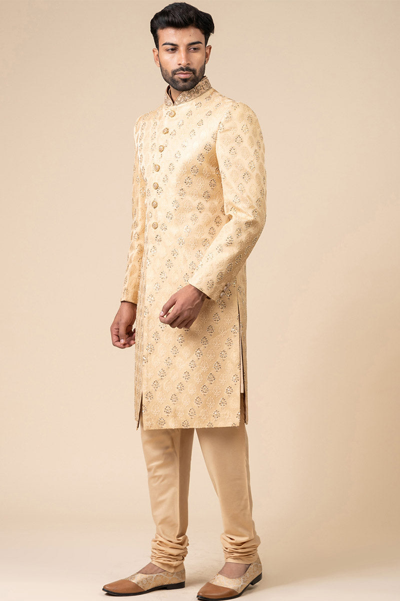 Gold All Over Embroidered Brocade Sherwani