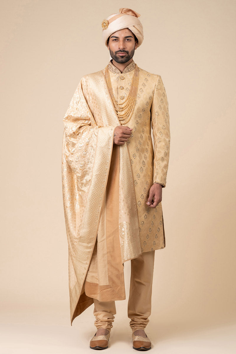 Gold All Over Embroidered Brocade Sherwani