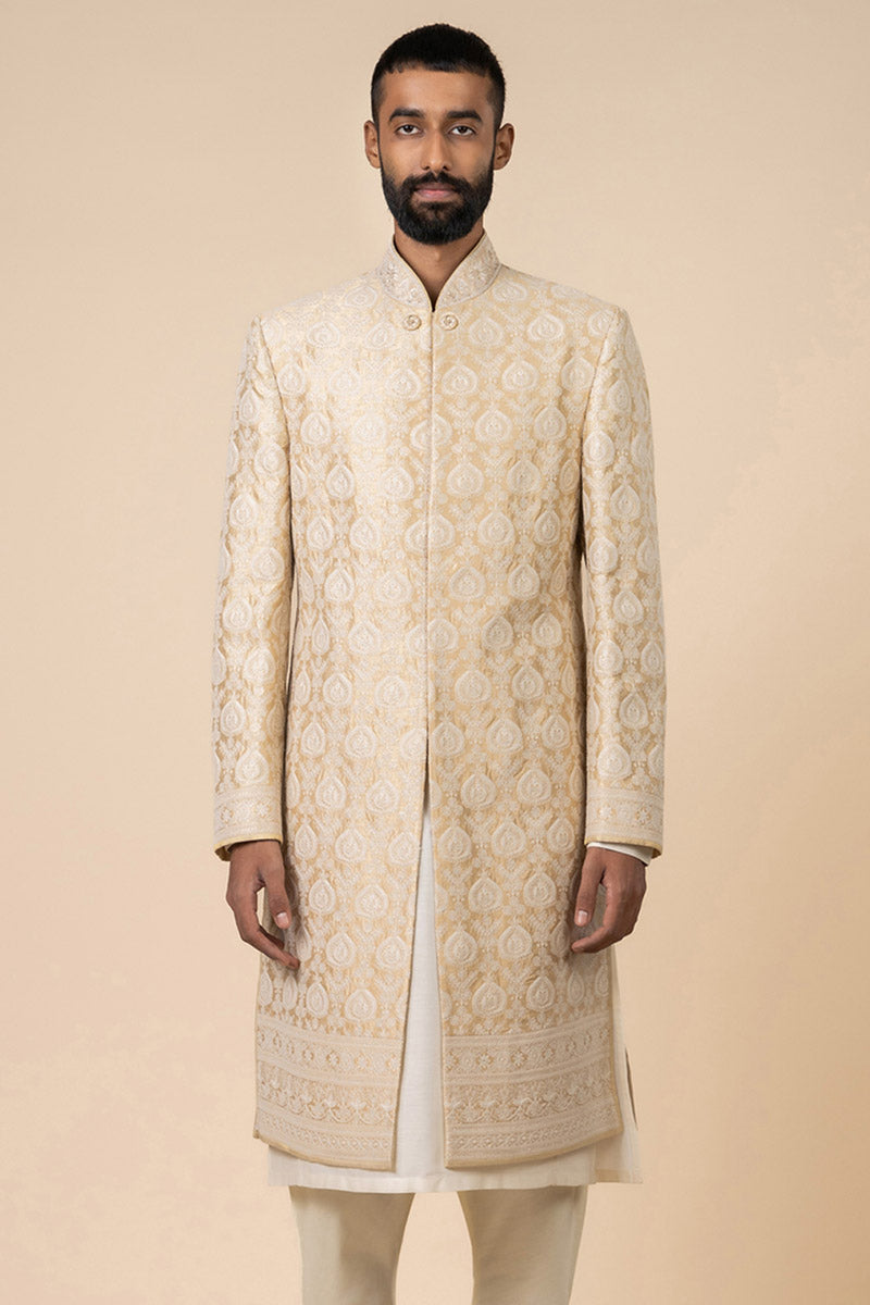 Light Yellow All Over Thread Work Sherwani