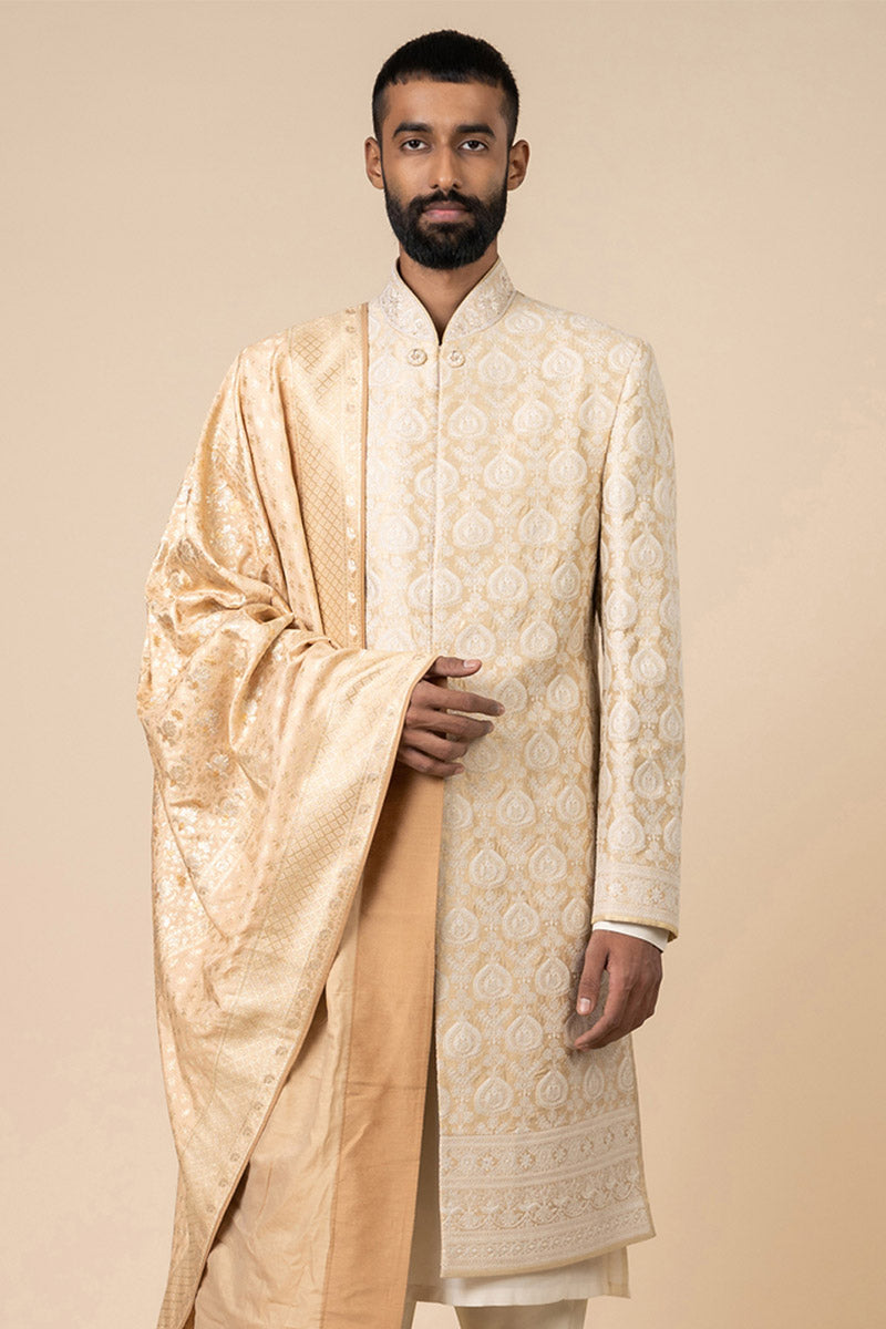 Light Yellow All Over Thread Work Sherwani