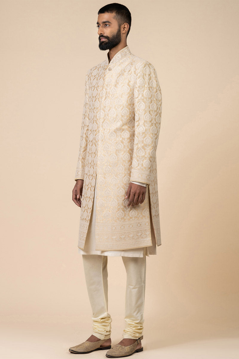 Light Yellow All Over Thread Work Sherwani