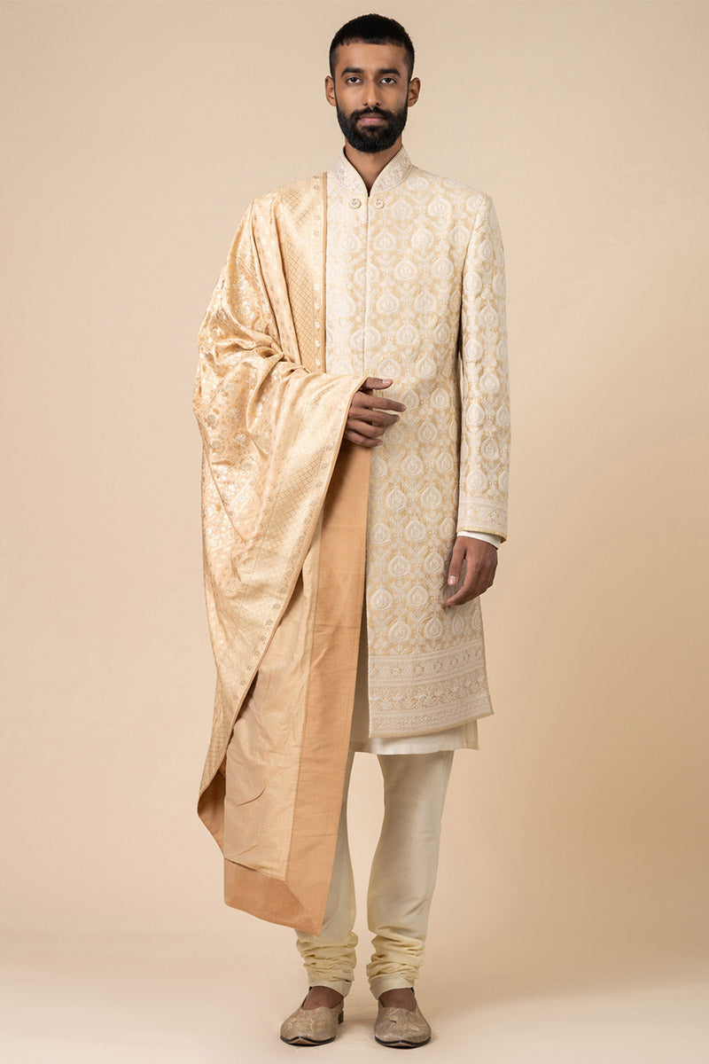 Light Yellow All Over Thread Work Sherwani