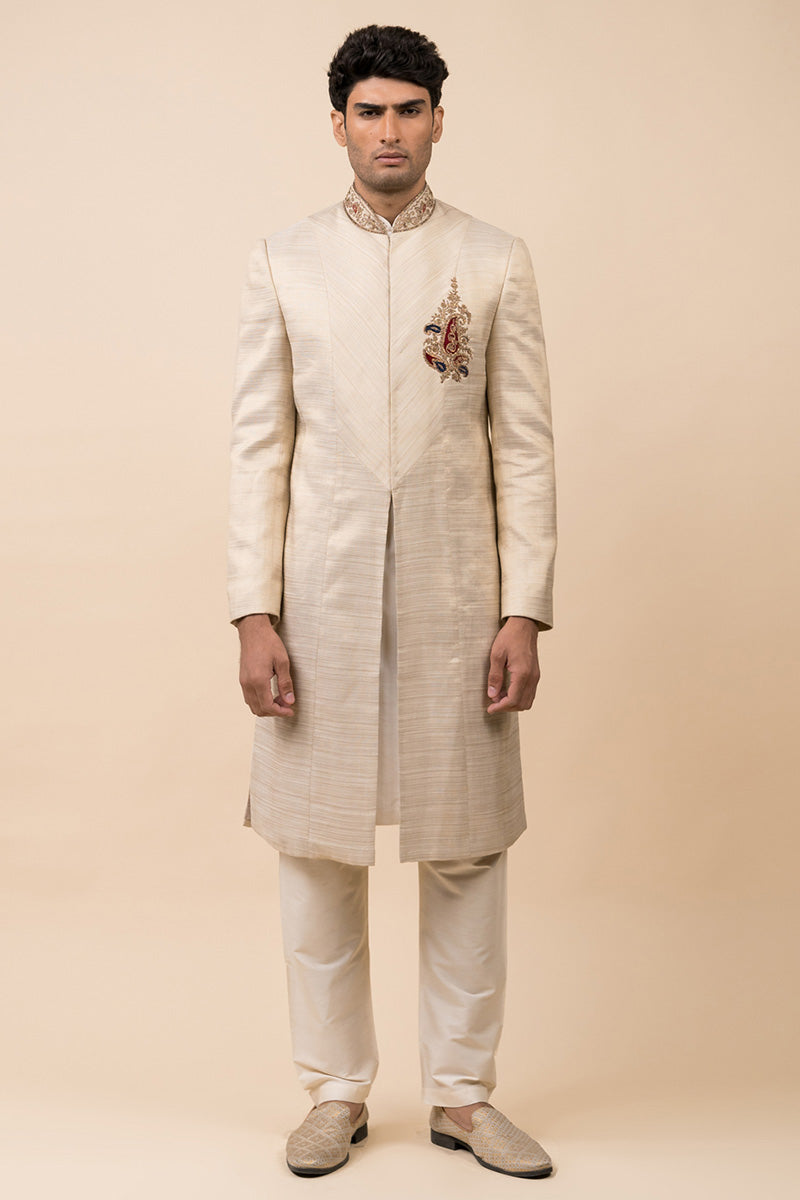 Gold Stylised Sherwani With Embroidered Crest