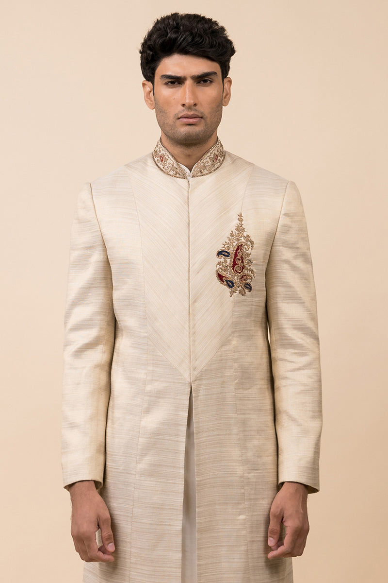 Gold Stylised Sherwani With Embroidered Crest