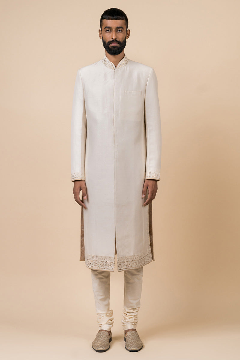 Ivory Sherwani With Fine Thread And Gota Work