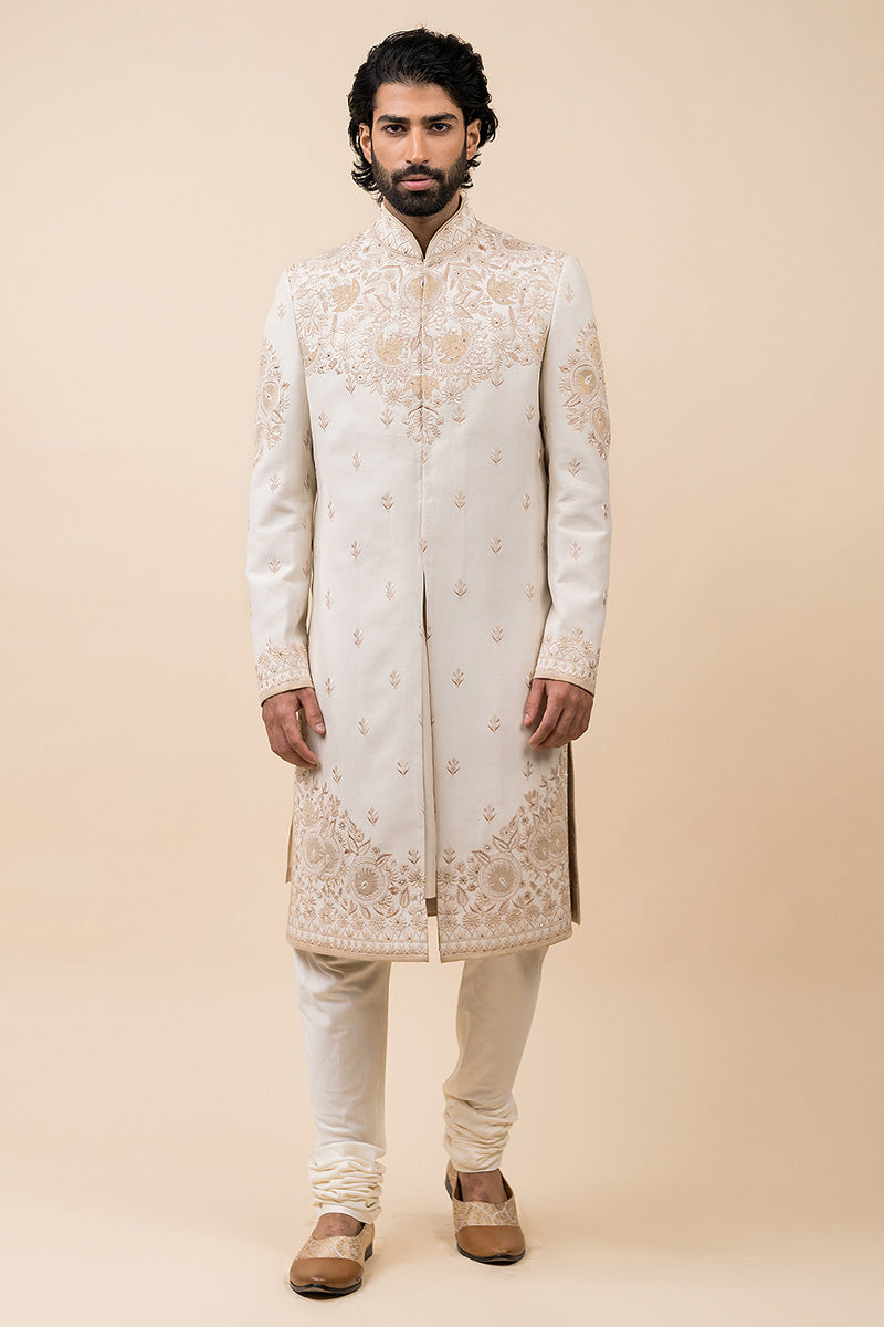 Ivory Applique Sherwani With Aari Embroidery